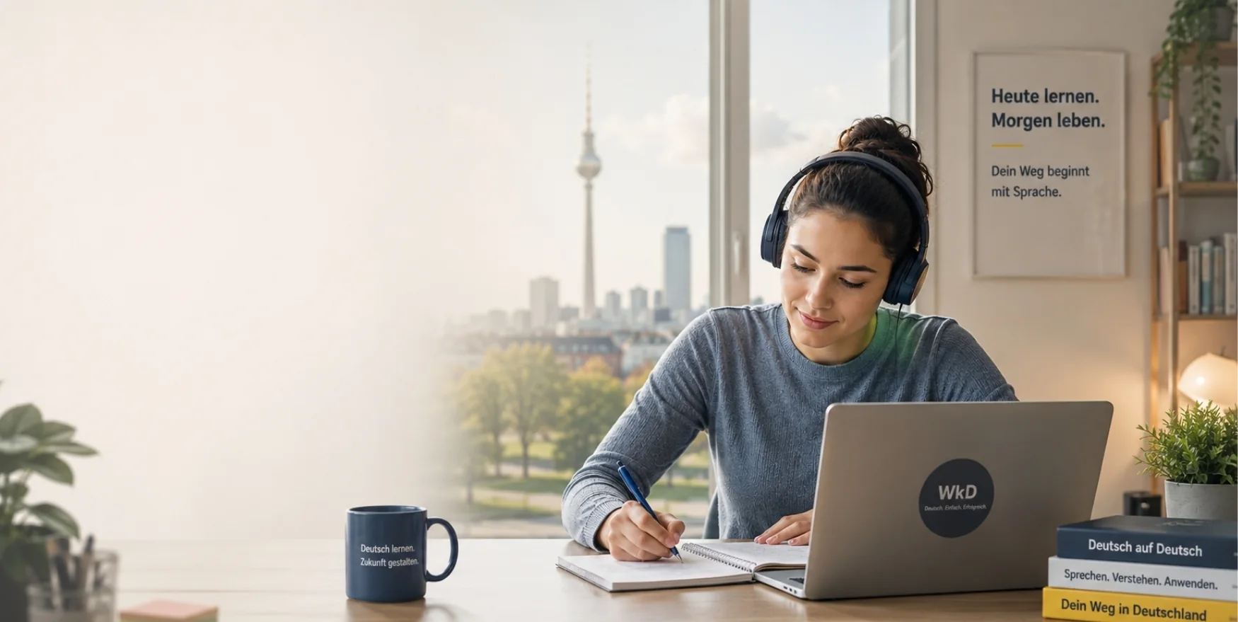 Frau mit Kopfhörern lernt am Laptop Deutsch, im Hintergrund die Berliner Skyline