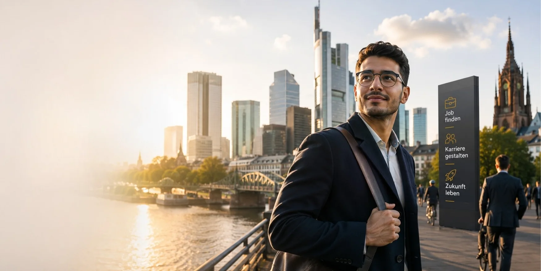 Mann mit Umhängetasche auf dem Weg zur Arbeit vor der Frankfurter Skyline